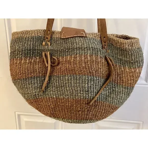 Vtg Woven Jute Leather Strap Straw Sisal Market Round Tote Shoulder Bag Purse - Picture 1 of 12
